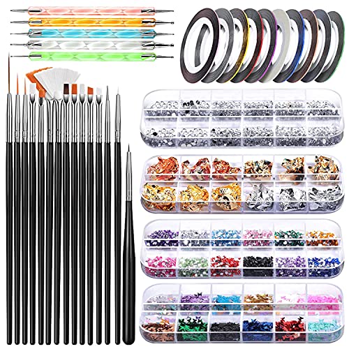 Kit de Accesorios Decoración Uñas, Kit de Diseño Arte de Uña con 15 Pinceles para Uñas, 5 de Lápiz de Punto, Uñas de Estrás, Copos de Hoja de Oro, 10 Cintas Adhesivas Uñas, Decoración Uñas Nail Art para Diseño Arte de Uña